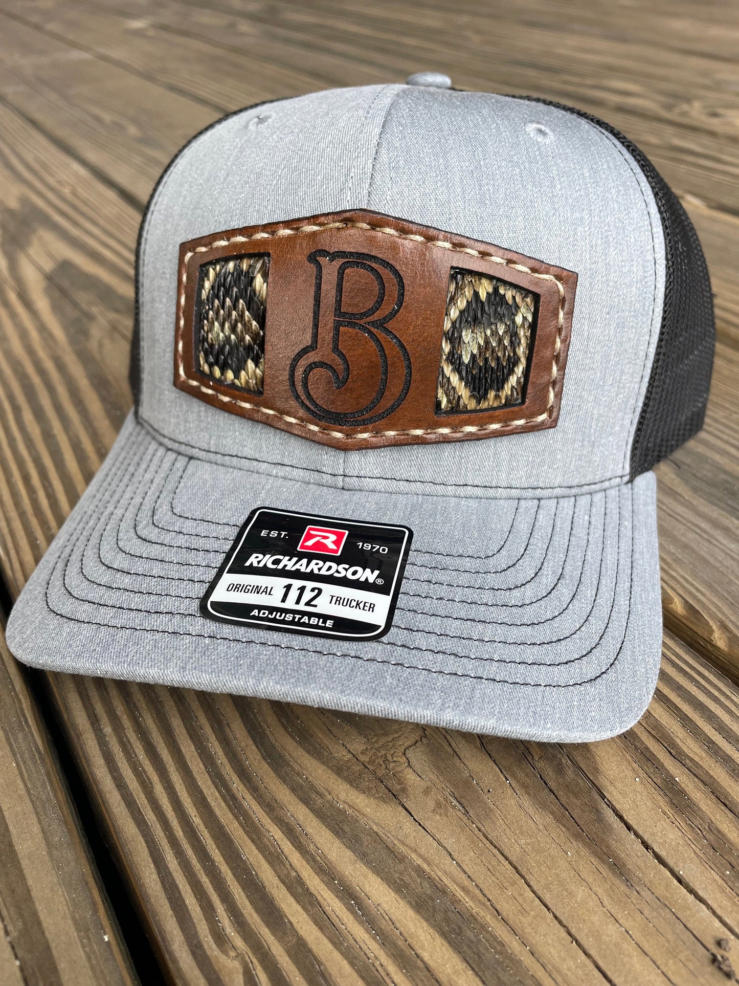 Leather patch hat, tooled leather patch, custom patch hat, snakeskin hat, leather and snakeskin patch hat, snakeskin, Company hat,