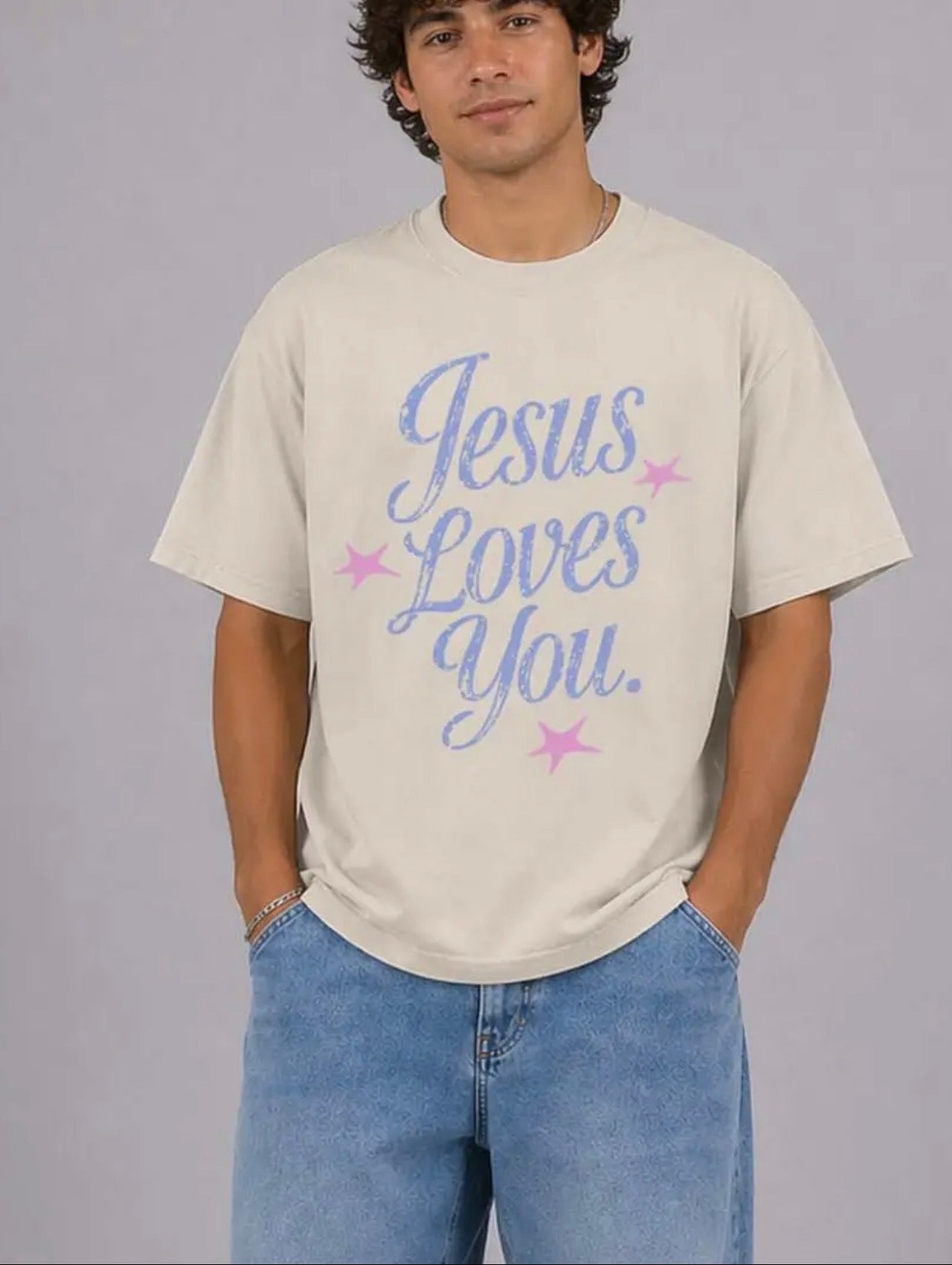 Solid Color Short Sleeved t-shirt Jesus Loves you/Work in Progress