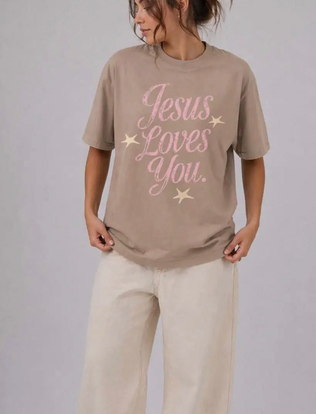 Solid Color Short Sleeved t-shirt Jesus Loves you/Work in Progress