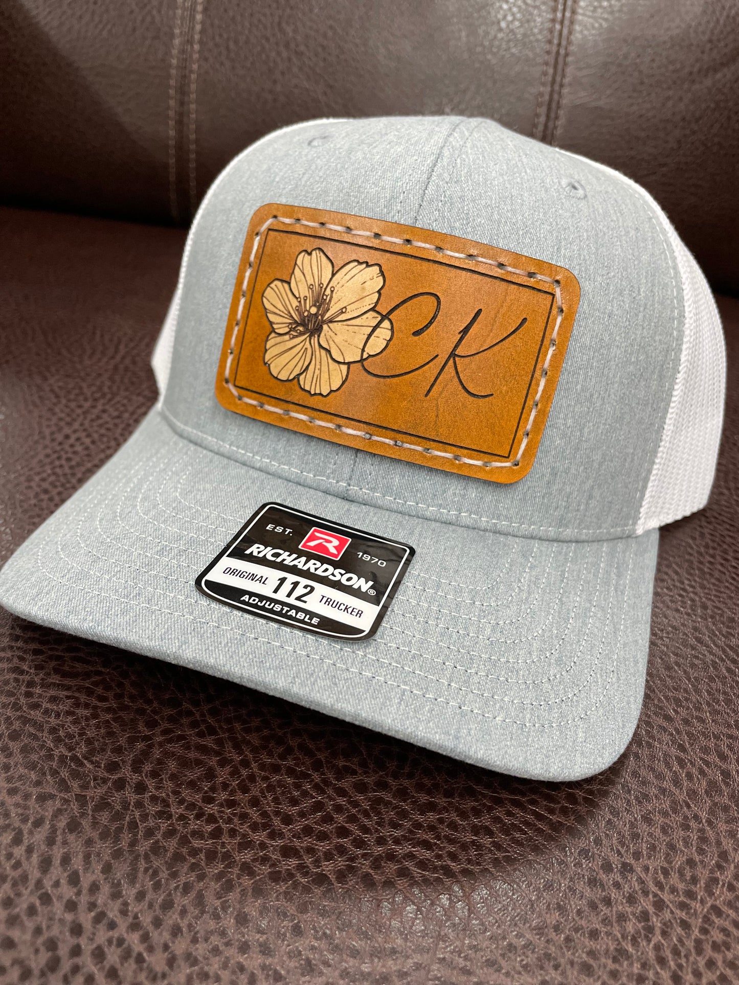 Leather Patch hat, tooled leather patch, custom patch hat, leather patch baseball cap, leather patch trucker hat, hat with leather patch