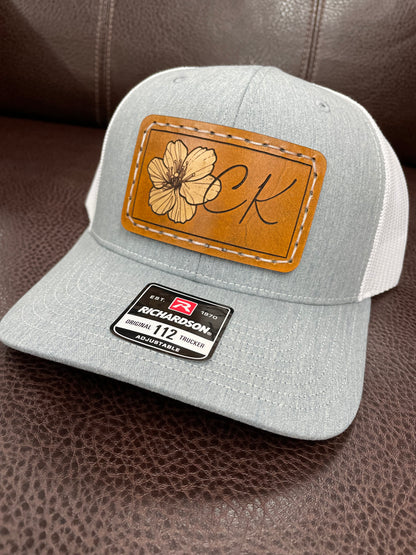 Leather Patch hat, tooled leather patch, custom patch hat, leather patch baseball cap, leather patch trucker hat, hat with leather patch