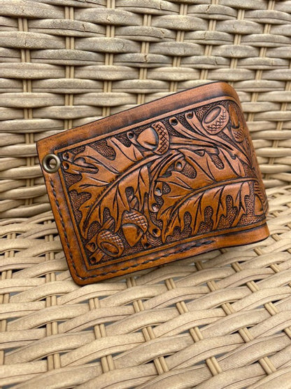 Hand tooled wallet, oak leaf and acorn wallet, wallet for him, custom wallet, personalized wallet, western wallet, Anniversary gift