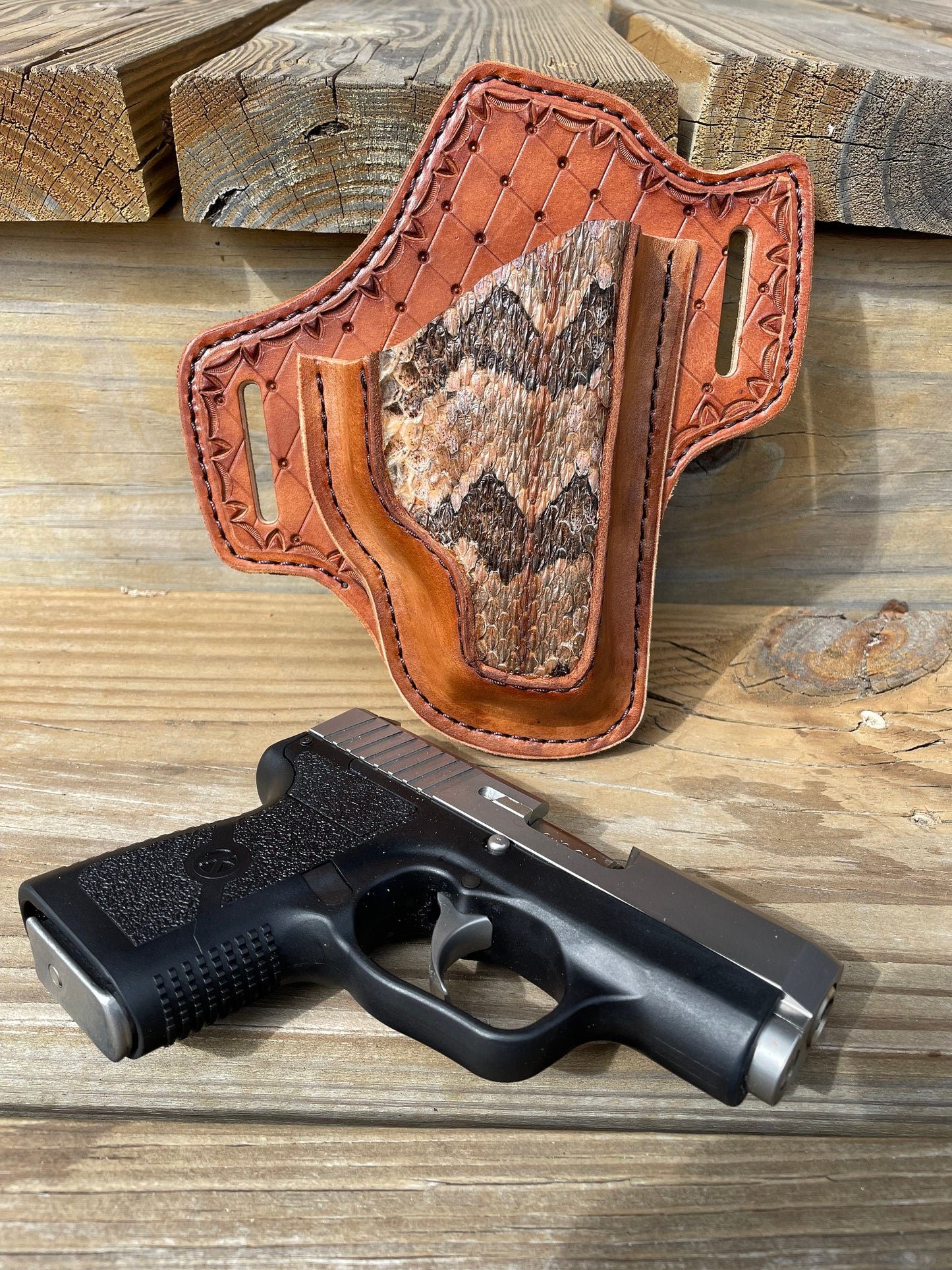 Custom Timber Rattle Snake Skin Holster| Hand Tooled| Suede back| Personalized Gift| Outside Carry Gun Holster| Gift for Him| Gift for Her