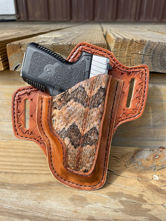 Custom Timber Rattle Snake Skin Holster| Hand Tooled| Suede back| Personalized Gift| Outside Carry Gun Holster| Gift for Him| Gift for Her