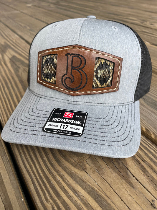 Leather patch hat, tooled leather patch, custom patch hat, snakeskin hat, leather and snakeskin patch hat, snakeskin, Company hat,